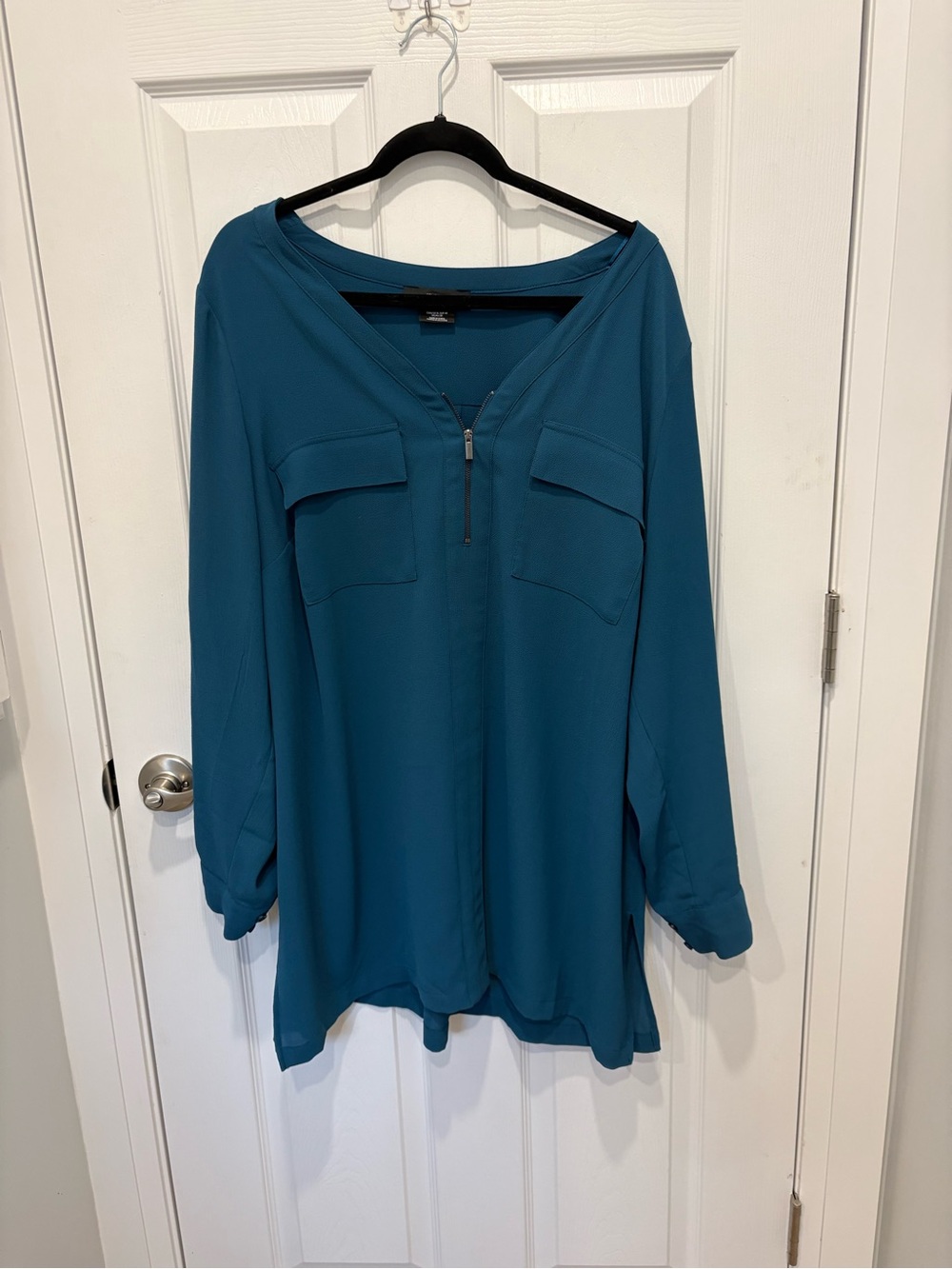 Michel Studio Teal V-Neck Zip Front Women's Blouse